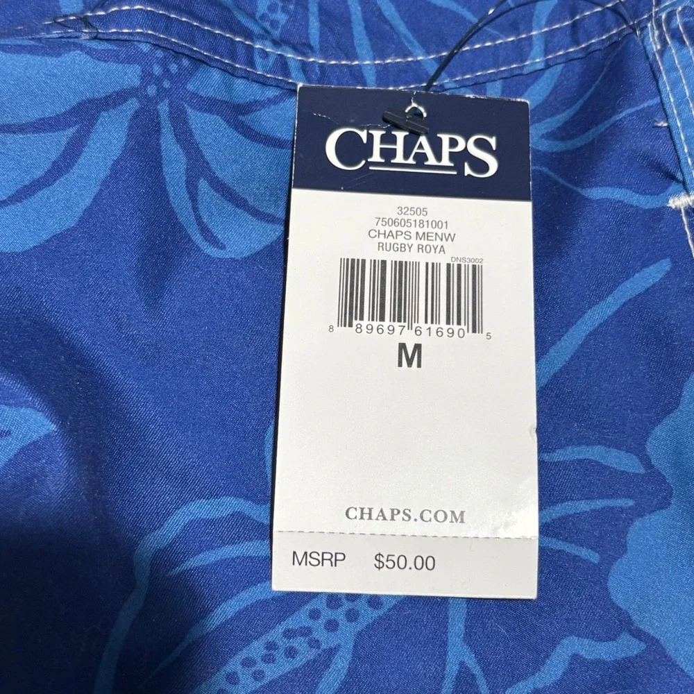 Chaps Swim Trunks Mens Medium‎ Blue New Tropical Hibiscus Floral Cargo Shorts